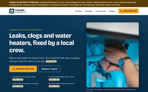 Screenshot of the top of the Example Plumbing Co. sample site, showing its banner that says it is a fictional business.